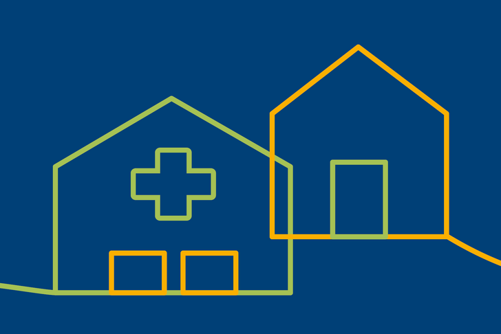 Illustration eines Hauses und eines Krankenhauses als orange-grüne Bändergrafik auf blauem Hintergrund für das Angebot der Geriatrische Tagesklinik (GTK) zur teilstationären geriatrischen Komplexbehandlung mit Fahrdienst im Albertinen Zentrum für Altersmedizin in Hamburg.
