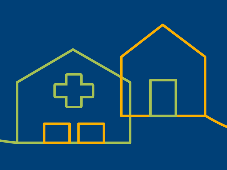 Illustration eines Hauses und eines Krankenhauses als orange-grüne Bändergrafik auf blauem Hintergrund für das Angebot der Geriatrische Tagesklinik (GTK) zur teilstationären geriatrischen Komplexbehandlung mit Fahrdienst im Albertinen Zentrum für Altersmedizin in Hamburg.