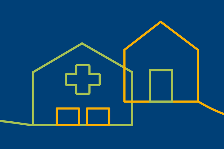 Illustration eines Hauses und eines Krankenhauses als orange-grüne Bändergrafik auf blauem Hintergrund für das Angebot der Geriatrische Tagesklinik (GTK) zur teilstationären geriatrischen Komplexbehandlung mit Fahrdienst im Albertinen Zentrum für Altersmedizin in Hamburg.