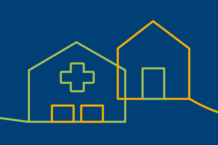 Illustration eines Hauses und eines Krankenhauses als orange-grüne Bändergrafik auf blauem Hintergrund für das Angebot der Geriatrische Tagesklinik (GTK) zur teilstationären geriatrischen Komplexbehandlung mit Fahrdienst im Albertinen Zentrum für Altersmedizin in Hamburg.