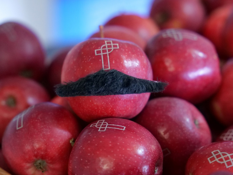 Rote Äpfel mit Schnurrbart bei der Movember-Aktion für Männergesundheit beim Spiel der Hamburg Towers