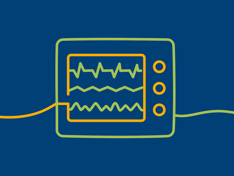 Illustration eines Monitors mit Vitalwerten als orange-grüne Bändergrafik auf blauem Hintergrund für das Informationsangebot für Zuweisende zur altersmedizinischen Akutstation im Albertinen Zentrum für Altersmedizin in Hamburg.