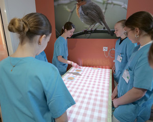 Jugendliche testen beim Girls’ & Boys’ Day im Albertinen Krankenhaus einen Alterssimulations-Tisch in der Geriatrie.