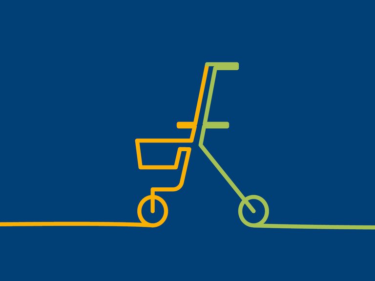 Illustration eines Rollators als orange-grüne Bändergrafik auf blauem Hintergrund für das Informationsangebot für Zuweisende zur stationären geriatrischen Komplexbehandlung im Albertinen Zentrum für Altersmedizin in Hamburg.