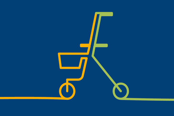 Illustration eines Rollators als orange-grüne Bändergrafik auf blauem Hintergrund für das Informationsangebot für Zuweisende zur stationären geriatrischen Komplexbehandlung im Albertinen Zentrum für Altersmedizin in Hamburg.